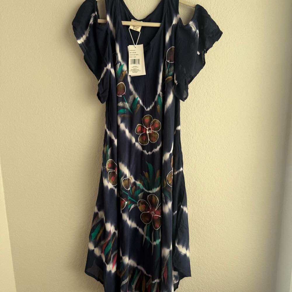 Exist Navy Tie Dye Cold Shoulder Dress One Size Floral Boho Resort Beach NWT